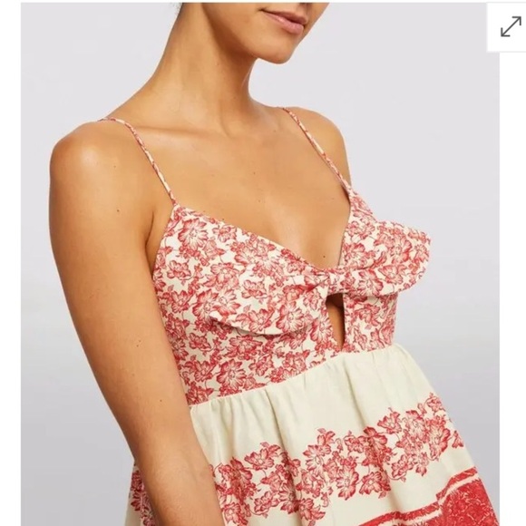 Alice + Olivia Linen Melvina Mini Dress Tie Front Block Print Red Antique White - Picture 5 of 16